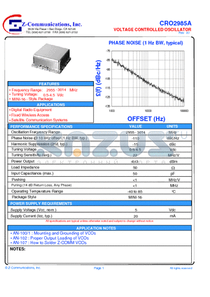 CRO2985A datasheet - LOW COST - HIGH PERFORMANCE VOLTAGE CONTROLLED OSCILLATOR