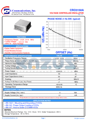 CRO3150A datasheet - VOLTAGE CONTROLLED OSCILLATOR