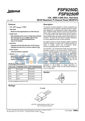 FSF9250D3 datasheet - 15A, -200V, 0.290 Ohm, Rad Hard, SEGR Resistant, P-Channel Power MOSFETs