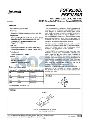 FSF9250D datasheet - 15A, -200V, 0.290 Ohm, Rad Hard, SEGR Resistant, P-Channel Power MOSFETs