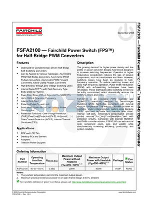 FSFA2100 datasheet - Power Switch (FPS) for Half-Bridge PWM Converters