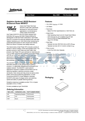 FSGYE230R4 datasheet - Radiation Hardened, SEGR Resistant N-Channel Power MOSFET