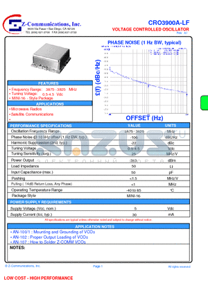 CRO3900A-LF datasheet - VOLTAGE CONTROLLED OSCILLATOR