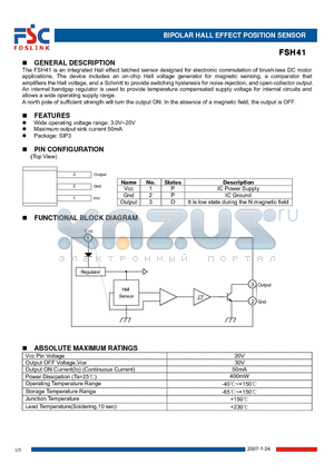 FSH41 datasheet - BIPOLAR HALL EFFECT POSITION SENSOR