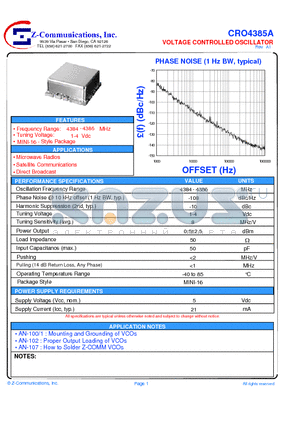 CRO4385A datasheet - LOW COST - HIGH PERFORMANCE VOLTAGE CONTROLLED OSCILLATOR