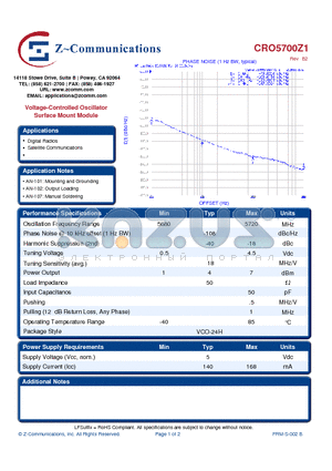 CRO5700Z1 datasheet - Voltage-Controlled Oscillator Surface Mount Module