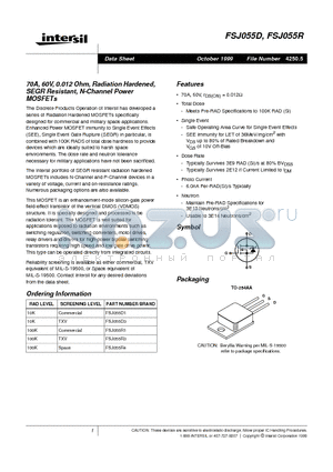 FSJ055D datasheet - 70A, 60V, 0.012 Ohm, Radiation Hardened, SEGR Resistant, N-Channel Power MOSFETs