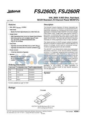 FSJ260R1 datasheet - 44A, 200V, 0.050 Ohm, Rad Hard, SEGR Resistant, N-Channel Power MOSFETs