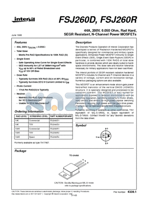 FSJ260R3 datasheet - 44A, 200V, 0.050 Ohm, Rad Hard, SEGR Resistant, N-Channel Power MOSFETs