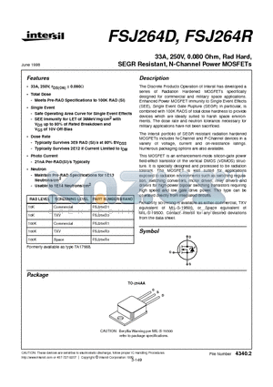FSJ264R3 datasheet - 33A, 250V, 0.080 Ohm, Rad Hard, SEGR Resistant, N-Channel Power MOSFETs