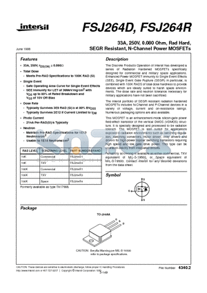 FSJ264D1 datasheet - 33A, 250V, 0.080 Ohm, Rad Hard, SEGR Resistant, N-Channel Power MOSFETs