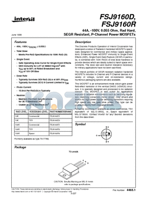 FSJ9160D3 datasheet - 44A, -100V, 0.055 Ohm, Rad Hard, SEGR Resistant, P-Channel Power MOSFETs