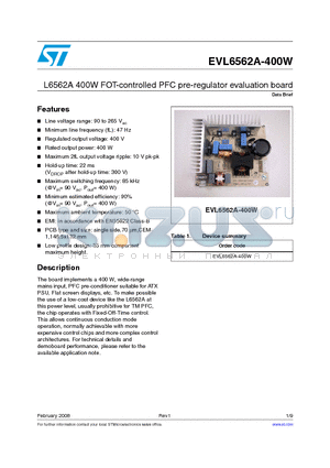 EVL6562A-400W datasheet - L6562A 400W FOT-controlled PFC pre-regulator evaluation board