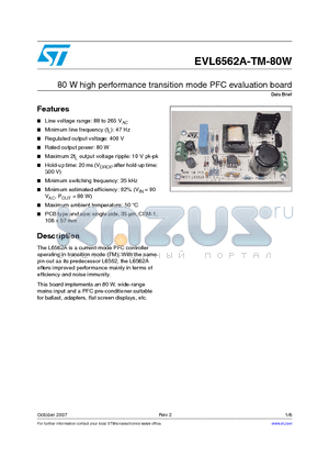 EVL6562A-TM-80W datasheet - 80 W high performance transition mode PFC evaluation board
