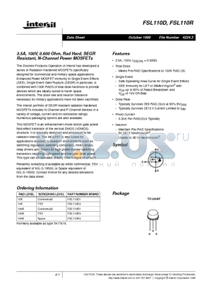 FSL110R1 datasheet - 3.5A, 100V, 0.600 Ohm, Rad Hard, SEGR Resistant, N-Channel Power MOSFETs