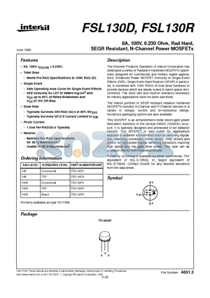 FSL130R3 datasheet - 8A, 100V, 0.230 Ohm, Rad Hard, SEGR Resistant, N-Channel Power MOSFETs
