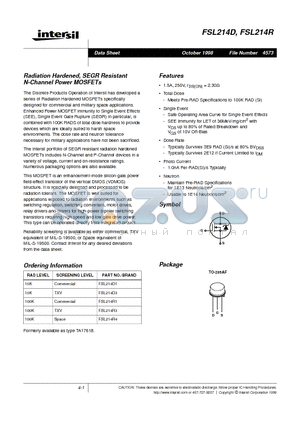 FSL214R4 datasheet - Radiation Hardened, SEGR Resistant N-Channel Power MOSFETs