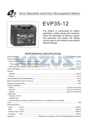 EVP35-12 datasheet - Valve Regulated Lead-Acid Rechargeable Battery