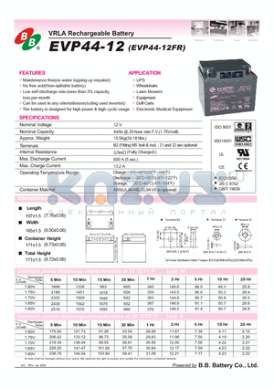 EVP44-12 datasheet - VRLA Rechargeable Battery