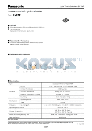 EVPAF datasheet - 3.0 mm2.6 mm SMD Light Touch Switches