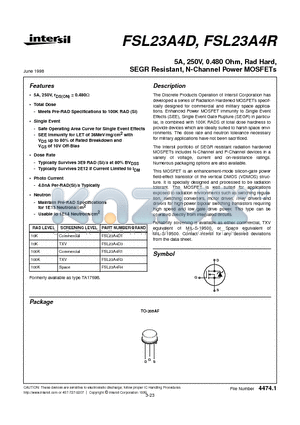 FSL23A4R datasheet - 5A, 250V, 0.480 Ohm, Rad Hard, SEGR Resistant, N-Channel Power MOSFETs