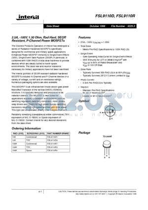 FSL9110D1 datasheet - 2.5A, -100V, 1.30 Ohm, Rad Hard, SEGR Resistant, P-Channel Power MOSFETs
