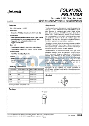 FSL9130D datasheet - 5A, -100V, 0.680 Ohm, Rad Hard, SEGR Resistant, P-Channel Power MOSFETs