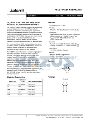 FSL913A0D1 datasheet - 7A, -100V, 0.300 Ohm, Rad Hard, SEGR Resistant, P-Channel Power MOSFETs