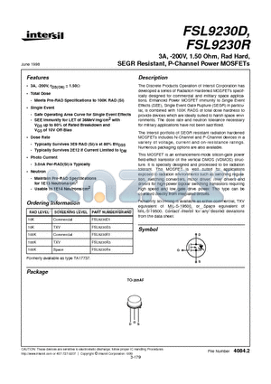 FSL9230D1 datasheet - 3A, -200V, 1.50 Ohm, Rad Hard, SEGR Resistant, P-Channel Power MOSFETs