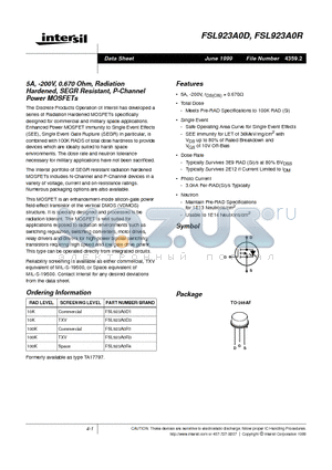 FSL923A0D datasheet - 5A, -200V, 0.670 Ohm, Radiation Hardened, SEGR Resistant, P-Channel Power MOSFETs