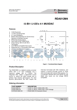 EVRDA012M4-HD datasheet - 12 Bit 1.3 GS/s 4:1 MUXDAC