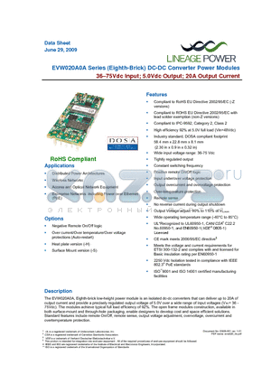 EVW020A0A41-HZ datasheet - 36-75Vdc Input; 5.0Vdc Output; 20A Output Current