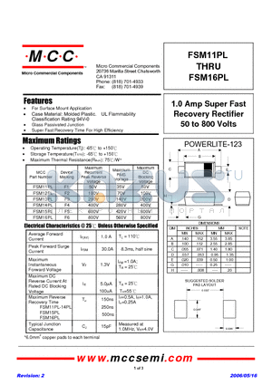 FSM13PL datasheet - 1.0 Amp Super Fast Recovery Rectifier 50 to 800 Volts