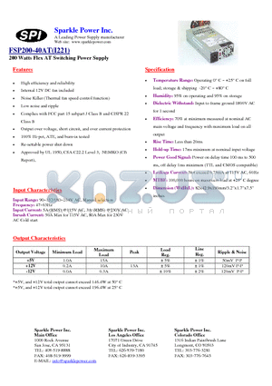 FSP200-40AT datasheet - 200 Watts Flex AT Switching Power Supply