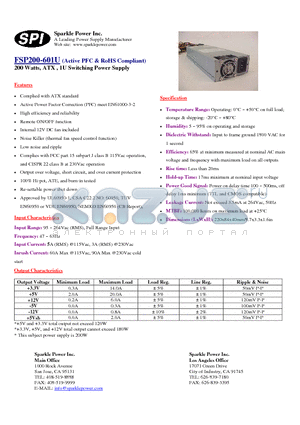 FSP200-601U datasheet - 200 Watts, ATX , 1U Switching Power Supply