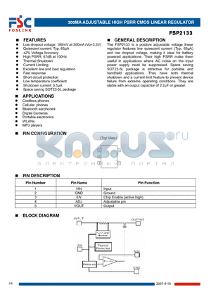 FSP2133 datasheet - 300MA ADJUSTABLE HIGH PSRR CMOS LINEAR REGULATOR