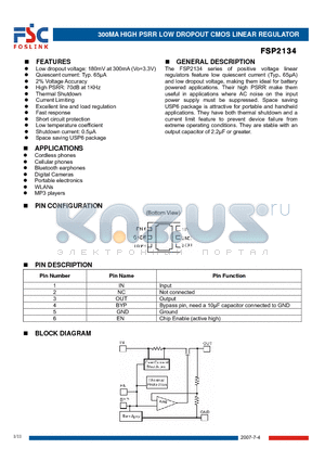 FSP2134 datasheet - 300MA HIGH PSRR LOW DROPOUT CMOS LINEAR REGULATOR