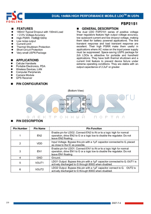 FSP2151 datasheet - DUAL 150MA HIGH PERFORMANCE MOBILE LDOTM IN USP6