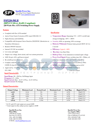 FSP220-50LH datasheet - 220 Watts Flex ATX Switching Power Supply