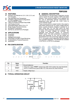 FSP2200CAER datasheet - 3 PIN MICROPROCESSOR RESET MONITORS