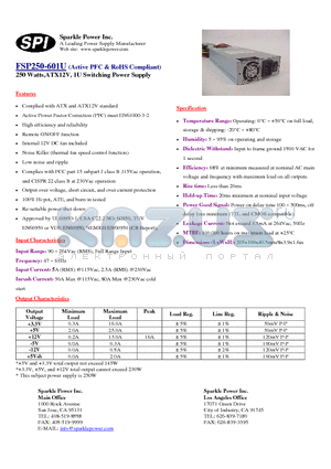 FSP250-601U datasheet - 250 Watts,ATX12V, 1U Switching Power Supply