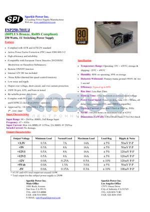 FSP250-701UJ datasheet - 250 Watts, 1U Switching Power Supply