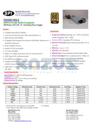 FSP250-701US datasheet - 250 Watts ATX 12V, 1U Switching Power Supply