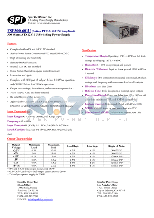 FSP300-601U datasheet - 300 Watts,ATX12V, 1U Switching Power Supply