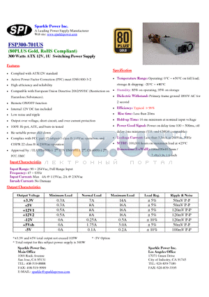 FSP300-701US datasheet - 300 Watts ATX 12V, 1U Switching Power Supply