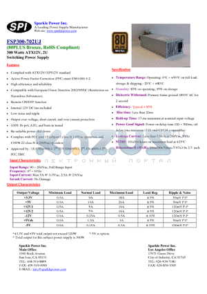 FSP300-702UJ datasheet - 300 Watts ATX12V, 2U Swithcing Power Supply