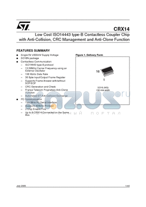 CRX14 datasheet - Low Cost ISO14443 type-B Contactless Coupler Chip with Anti-Collision, CRC Management and Anti-Clone Function