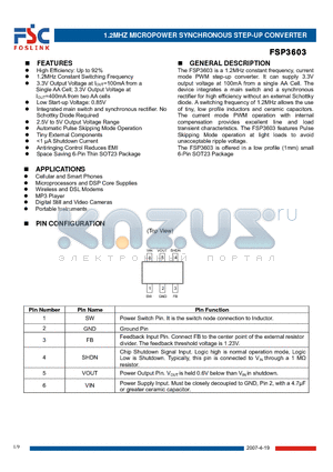 FSP3603 datasheet - 1.2MHZ MICROPOWER SYNCHRONOUS STEP-UP CONVERTER