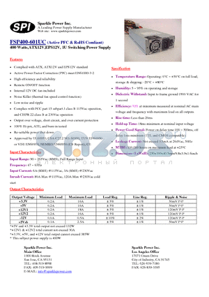 FSP400-601UC datasheet - 400 Watts,ATX12V,EPS12V, 1U Switching Power Supply