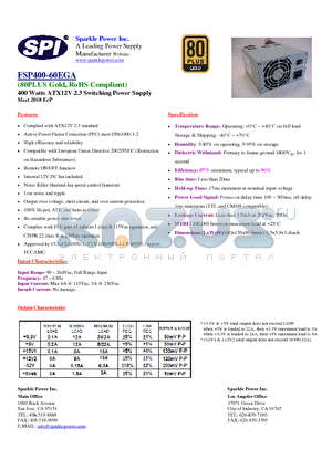 FSP400-60EGA datasheet - 400 Watts ATX12V 2.3 Swithcing Power Supply